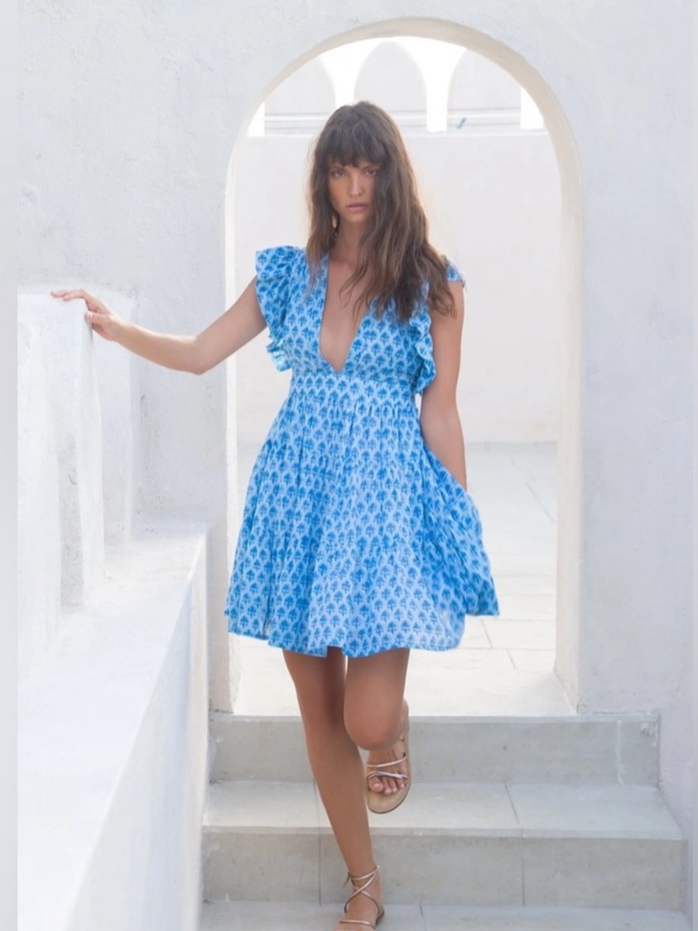 NWOT Oliphant Blue Floral Plunge Mini Dress